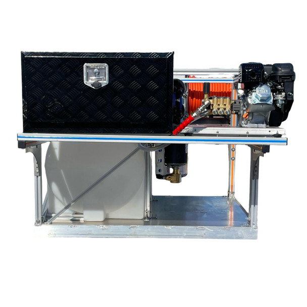 ProTool Ultimate Solar Skid, portable solar-powered equipment with a black storage box, motor, and hydraulic system designed for efficient solar energy use.
