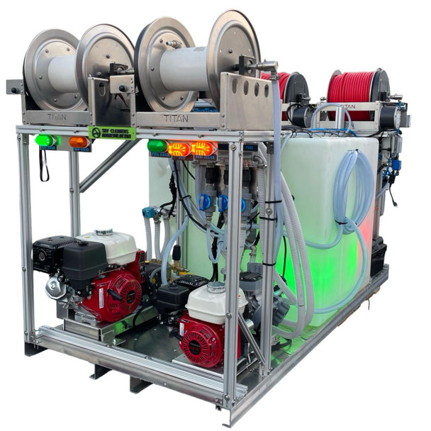 ProTool Van Drone Skid Curbside Reels, industrial drone system with hoses, reels, machinery, and a fuel engine for extinguisher or firefighting operations.