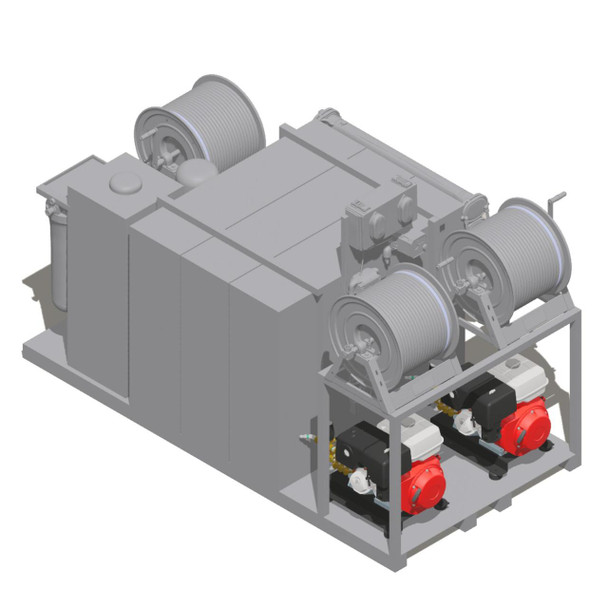 ProTool Van Drone Skid Curbside Reels, a detailed digital rendering of a specialized firefighting or industrial equipment with large reels for hoses or cables, mounted on a sturdy frame with motors and control components.