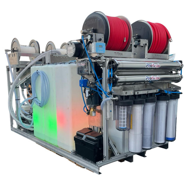 ProTool Van Drone Skid Curbside Reels, industrial cleaning and water blasting equipment with multiple hoses and reels for heavy-duty applications.