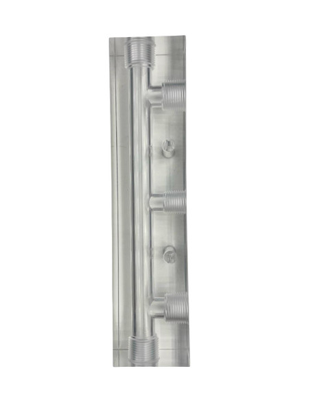 ProTool Clear Metering Manifold 3/4 inch, transparent plastic manifold with multiple threaded connection ports for HVAC and refrigeration systems.