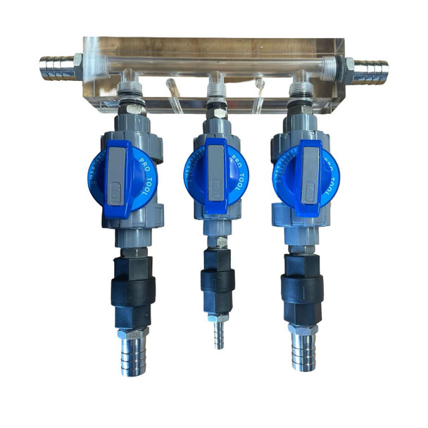 ProTool Gas Soft Wash Starter Kit with Skid Nexus Rinse, featuring three blue dial control valves connected to a stainless steel mounting plate for pressure washing applications.