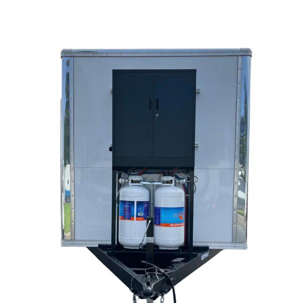 ProTool Enclosed Pressure and Soft Washing Drone Trailer, with dual propane tanks and enclosed equipment storage in a sleek metallic trailer.