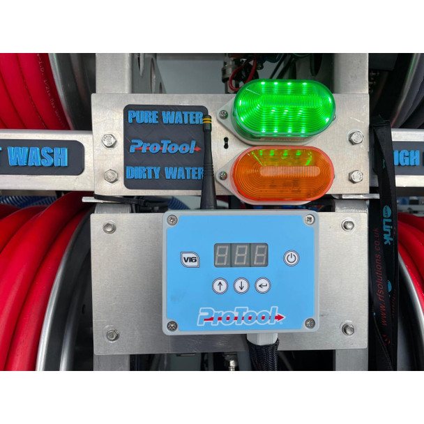ProTool Enclosed Pressure and Soft Washing Drone Trailer, control panel with digital display and indicator lights for water pressure and soft washing functions.