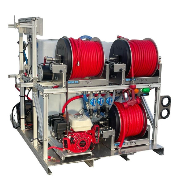 ProTool Soft Wash Water Fed Van Skid, industrial water cleaning equipment with red hoses, metal frame, and pump system.