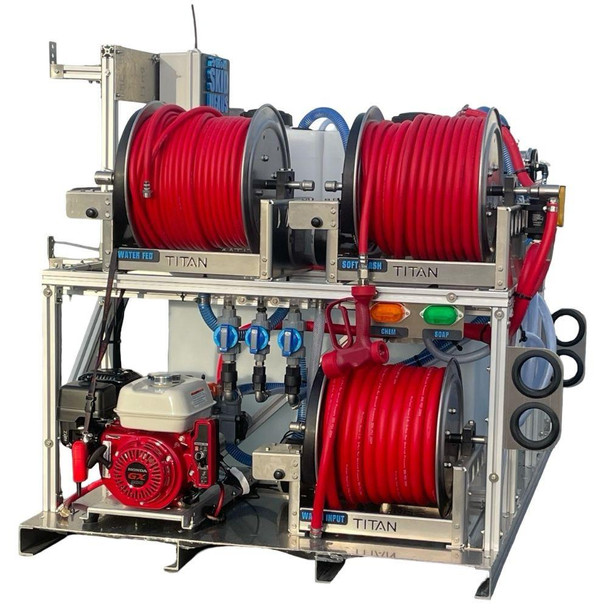 ProTool HydroStation Pure Water Skid, industrial water filtration and purification system with red hoses, blue fittings, and a Honda engine for high-purity water production.