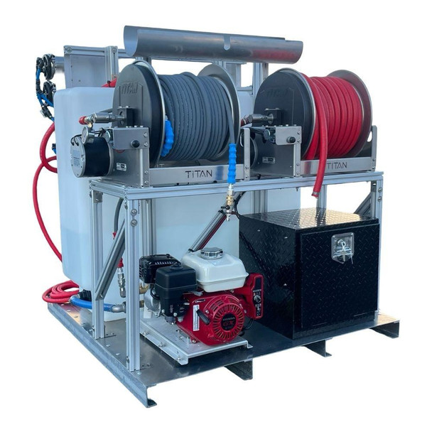 ProTool HydroStation Pure Water Skid, industrial water purification system with hoses, pump, and control panel.