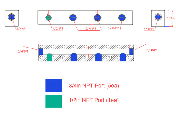 Manifold Block Clear, 6 Ports,  5ea 3/4in NPT and 1ea 1/2in NPT Port