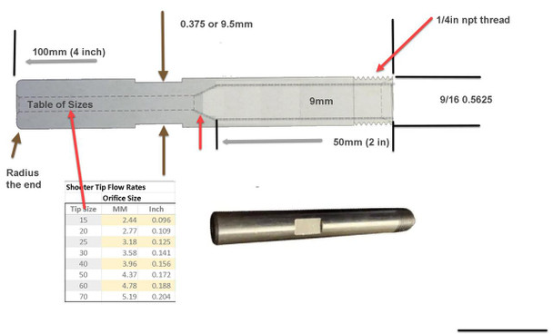 ProTool Shooter Tips Stainless Steel, detailed technical image showing dimensions, thread specifications, and a shot tip flow rate table.