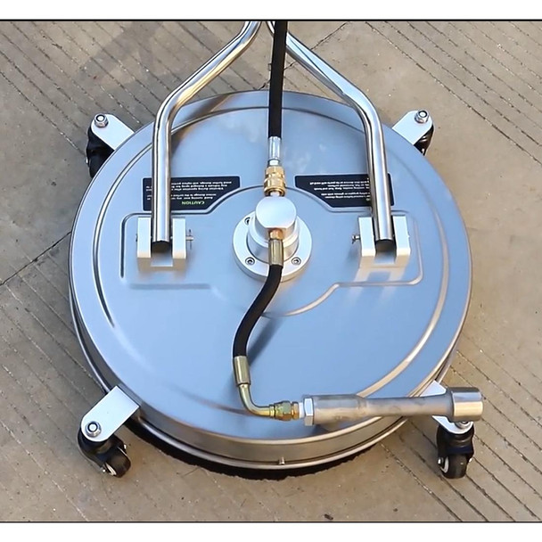 ProTool Recovery Surface Cleaner Venturi Extractor 21in Size, industrial cleaning equipment with a circular stainless steel body, attached hoses, and caster wheels for mobility.