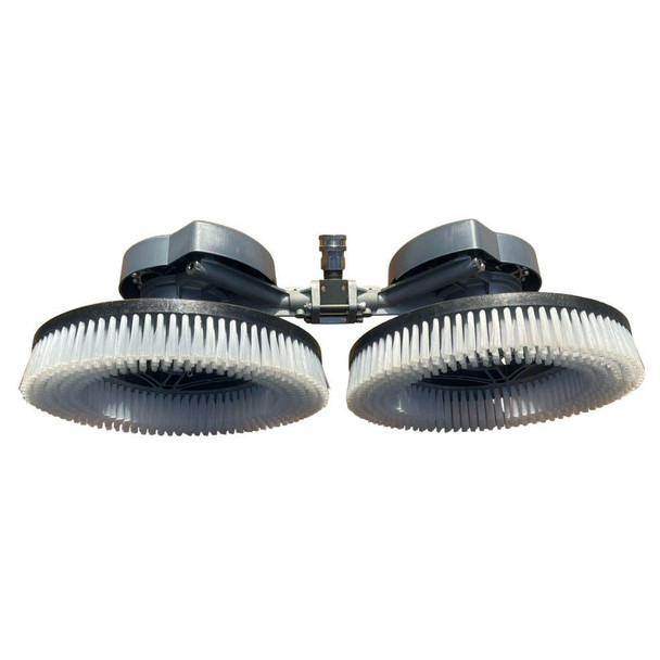 ProTool DualForce 25 Solar Brush, dual circular solar-powered cleaning brushes with white bristles and black housing for solar energy collection.