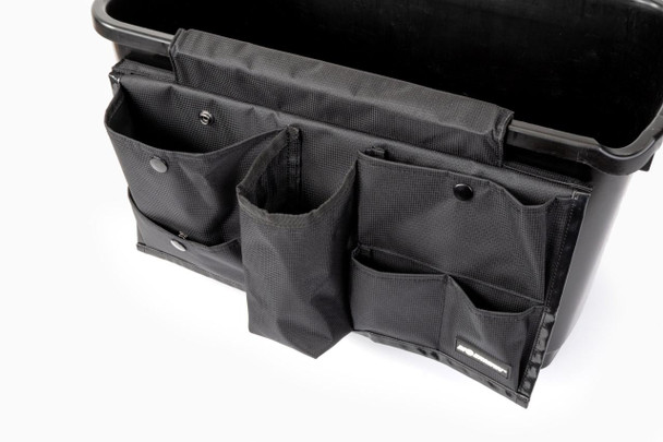 Moerman Bucket Organizer, black storage pouch with multiple compartments attached to a bucket.