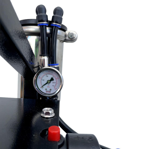 TRADEWRX Pure Water RODI Cart, close-up of the water pressure gauge and tubing connections on a stainless steel water purification system.