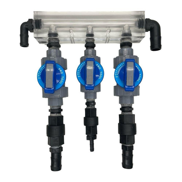 ProTool 6 Port Soft Wash Metering Manifold Clear, multi-port garden hose manifold with blue control valves for soft washing applications.