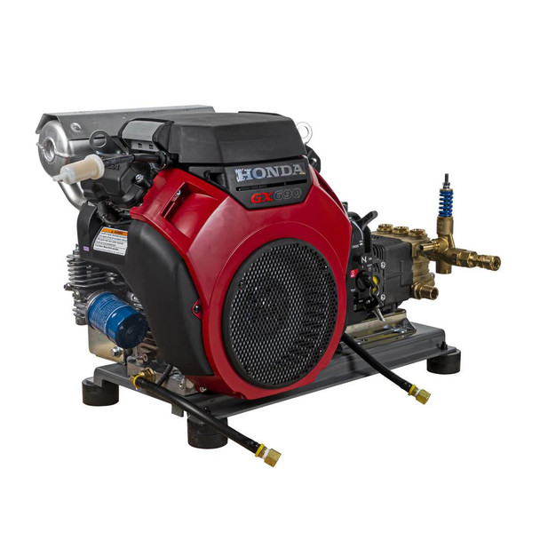 BE 8.5 GPM 4200 PSI 8GPM Cold Water Gas Pressure Washer, compact and powerful pressure washer with red and black engine casing and brass fittings.