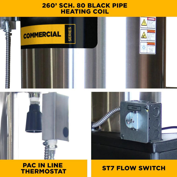 BE 8-10 GPM Diesel Fired Hot Box 12V, product image showing industrial heating unit with stainless steel body, featuring a PAC in line thermostat and ST7 flow switch for efficient hot water heating.