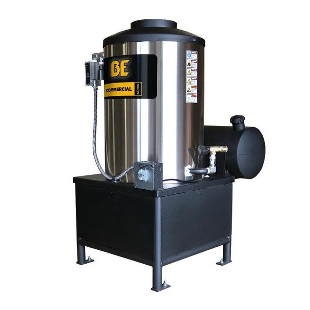 BE 8-10 GPM Diesel Fired Hot Box 12V, industrial stainless steel hot box with black base and control panel, designed for commercial heating applications.