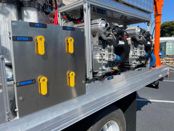 ProTool Drone Pressure Washing Flatbed Skid, industrial pressure washing equipment mounted on a flatbed truck with labeled control points and components.