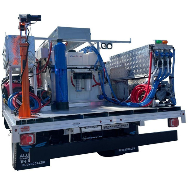 ProTool Drone Pressure Washing Flatbed Skid, industrial pressure washing system mounted on a flatbed truck with hoses, tanks, and equipment.