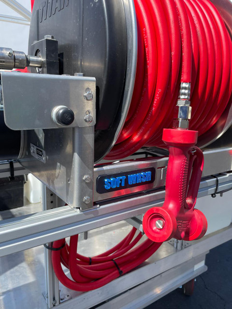 ProTool House Wash & Window Cleaning Skid, industrial cleaning equipment with red hoses and a neon 'SOFT WASH' sign.