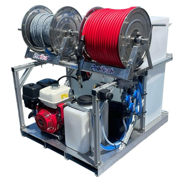 ProTool Pressure Washing & Soft Washing Compact Skid, professional pressure washing and soft washing equipment with hoses and engine on a metal frame.