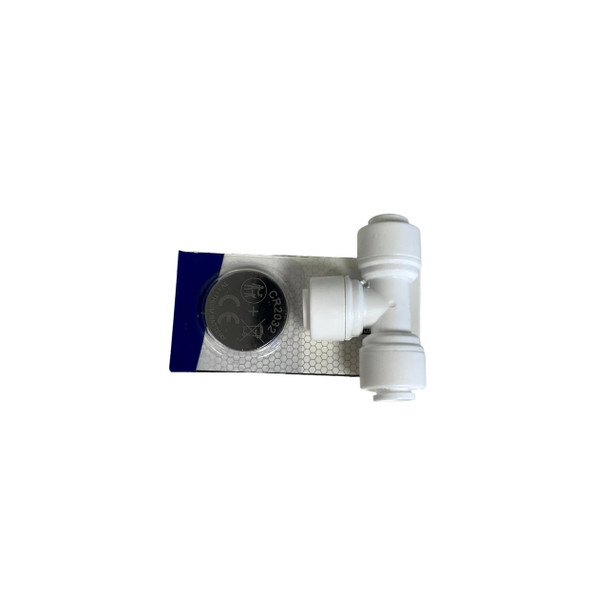 TradeWrx Inline TDS Meter LED, white inline TDS meter with LED indicators and pipe fittings for water testing.
