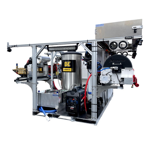 ProTool Hot Water Truck Skid with Lights, industrial mobile hot water unit with stainless steel tank, LED lights, hoses, and control systems for cleaning purposes.