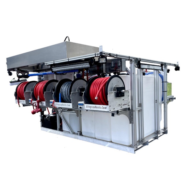 ProTool Hot Water Truck Skid with Lights, industrial hot water truck skid with multiple hoses, water tanks, and lighting for cleaning and industrial applications.