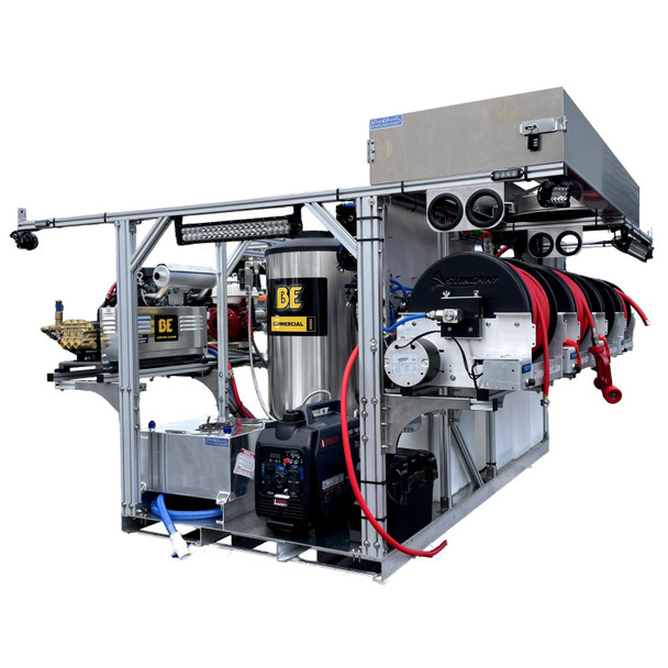 ProTool Hot Water Truck Skid with Lights, a compact industrial cleaning equipment with water tanks, hoses, and lighting system for emergency and commercial applications