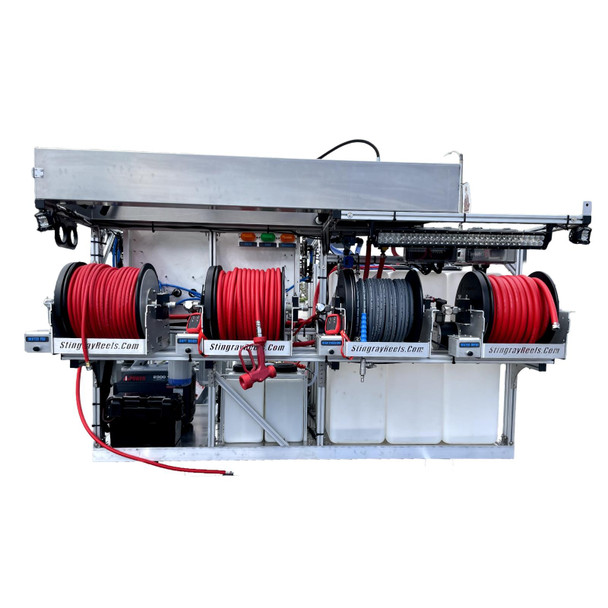 ProTool Hot Water Truck Skid with Lights, industrial water firefighting system with multiple hoses, reels, and built-in lights for firefighting applications.