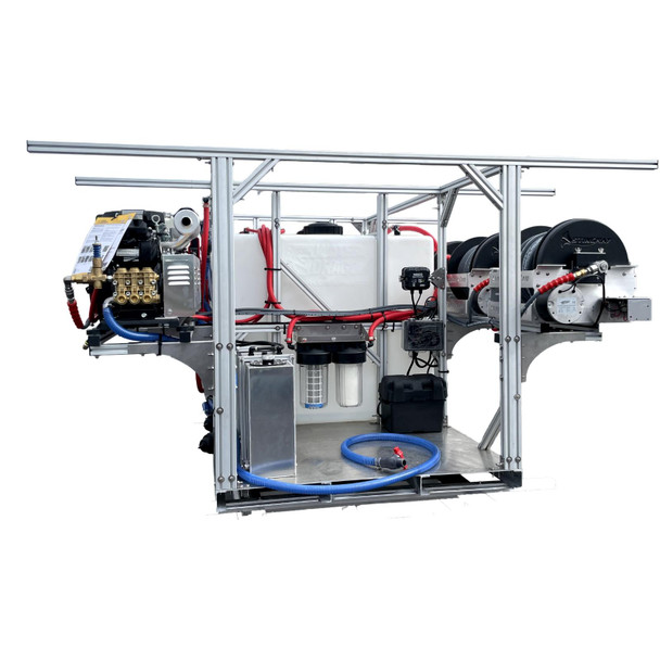 ProTool Dual User Pressure Washing Soft Washing Simple Skid, industrial cleaning equipment with pressure hoses and pumps for commercial cleaning applications.