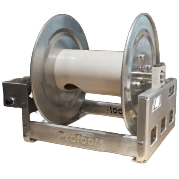 ProTool Aluminum Electric Hose Reel – 12" | 3/4" Stainless Steel Swivel, stainless steel hose reel with a wide aluminum spool and sturdy mounting frame shown against a white background.
