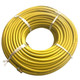 J.Racenstein Operator Hose 1/4in Water Fed Delivery 250ft Yellow Rubber, coiled yellow rubber water hose with metal fittings for water delivery.
