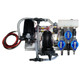 ProTool Soft Wash Metering System Reel Stand, industrial cleaning equipment with dual black motors, blue control valves, and various hoses and connectors for precise soft washing applications.