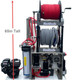 ProTool Solar and Water Fed Pure Water Skid, a mobile water purification and cleaning system with red and gray hoses, a water filtration unit, and a water pump, standing 65 inches tall.