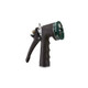 J.Racenstein Hose Spray Nozzle, black spray nozzle with adjustable green dial and ergonomic handle for watering and gardening.
