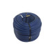 J.Racenstein Hose 1/4in Blue Cover WFP, coiled blue flexible hose with a brass fitting for water transfer or industrial use.