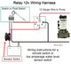 J.Racenstein Relay 12v Wiring Harness, detailed wiring diagram with relay, switch, fuse, battery, and pump connections.