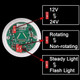 J.Racenstein Signal Light Tower 4 Color, electronic circuit board with red ON switches for controlling different LED light functions, including 12V, 24V, rotating, non-rotating, steady light, and flash light.