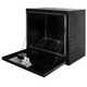 ProTool Reel Stand Aluminum Box 18w x17d x 18h, black metallic, sturdy storage box with a hinged lid and chain support, designed for industrial or professional use.