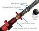 ProTool 27ft Carbon Fiber Rotary Brush Pole, detailed image of its connection components including male brush connector, female swivel connector, flow control valve, M22 style adapter option, and insert adapter from 3/8 inch to 1/4 inch NPT.
