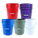 J.Racenstein Bucket 5 Gallon Round, colorful plastic buckets in red, purple, blue, gray, and white with metal handles.