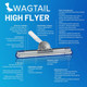 Wagtail High Flyer Pivoting Squeegee, product detailed infographic highlighting features like ergonomic handle, rubber blade, pivot technology, and precision clips for effective glass cleaning.
