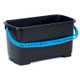 Pulex Bucket Rectangular, black plastic cleaning bucket with blue handle for cleaning and mopping tasks.