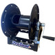 ProTool Reel Black 150ft 1/2in or 200ft 3/8in Hose A Frame, black hose reel on metal stand with handle for manual winding