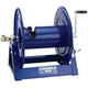 J.Racenstein Reel 200/300ft 3000psi Manual Cox, blue hose reel with crank handle and sturdy base for industrial or professional use.