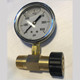 ProTool Pressure Gauge M22 14MM 6000psi Brass, close-up of a pressure gauge with a white dial, black markings, and a brass fitting, used for measuring high-pressure air or fluid in industrial applications.