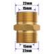 ProTool M22 15MM to M22 15MM Male Union Brass, brass fitting with threaded ends, showing detailed measurements of 15mm and 22mm diameter for hydraulic or plumbing connection.