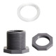 J.Racenstein Bulkhead Fitting 1/2in FNPT PVC, image showing a gray bulkhead fitting with multiple threaded pipes, a black rubber gasket, and a clear plastic washer for plumbing or fluid transfer applications.