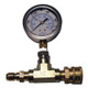 PressurePro Pressure Gauge 5000psi, industrial pressure gauge with dual measurement dials in psi and bar, connected to a brass valve fitting.